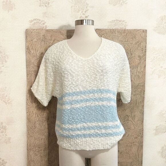 Vintage 80s Retro White Stripe Short Sleeve Sweater Top Shirt M Boat - Picture 1 of 5
